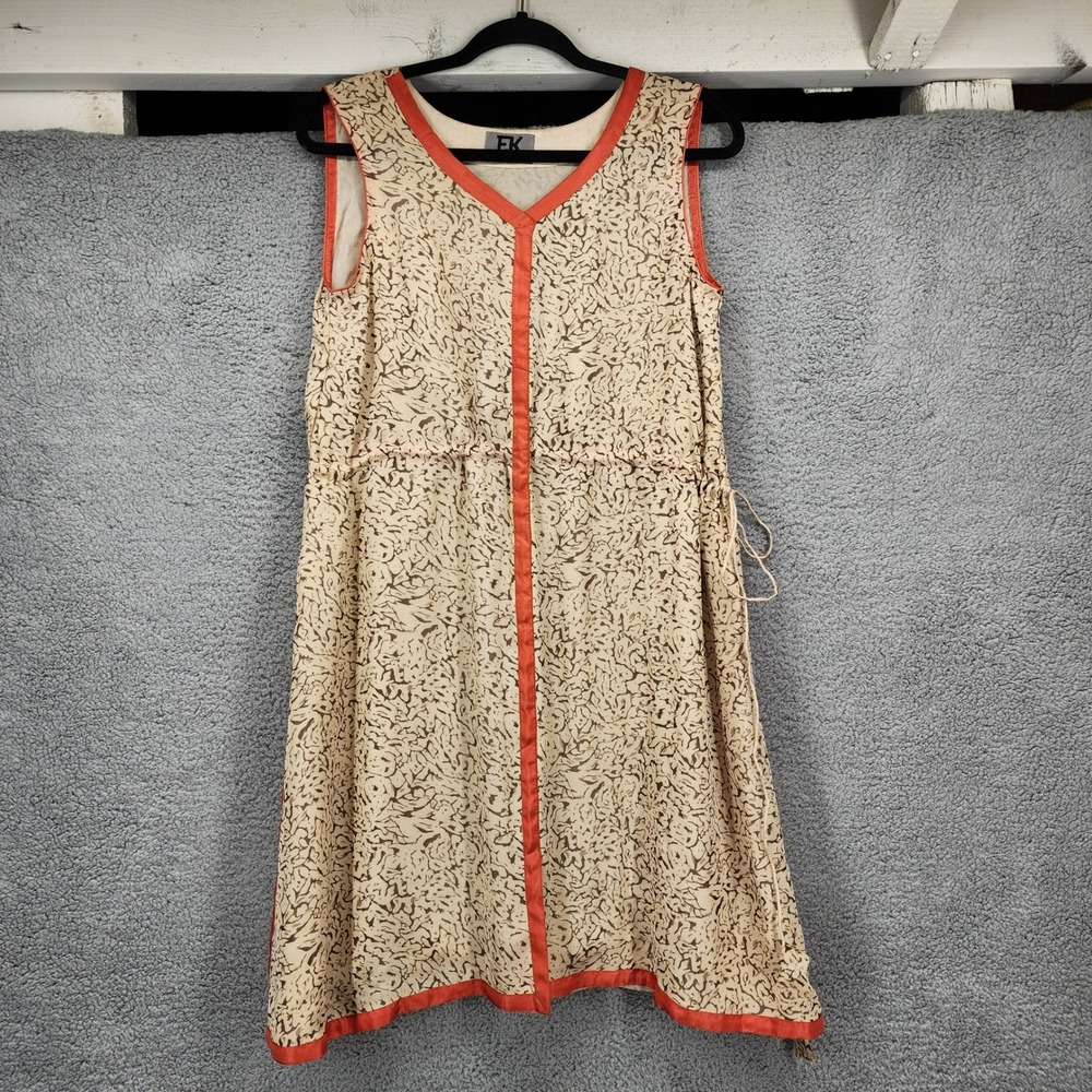 Erum Khan Medium Sleeveless‎ Dress Beige Brown Print Coral Trim Drawstring Waist